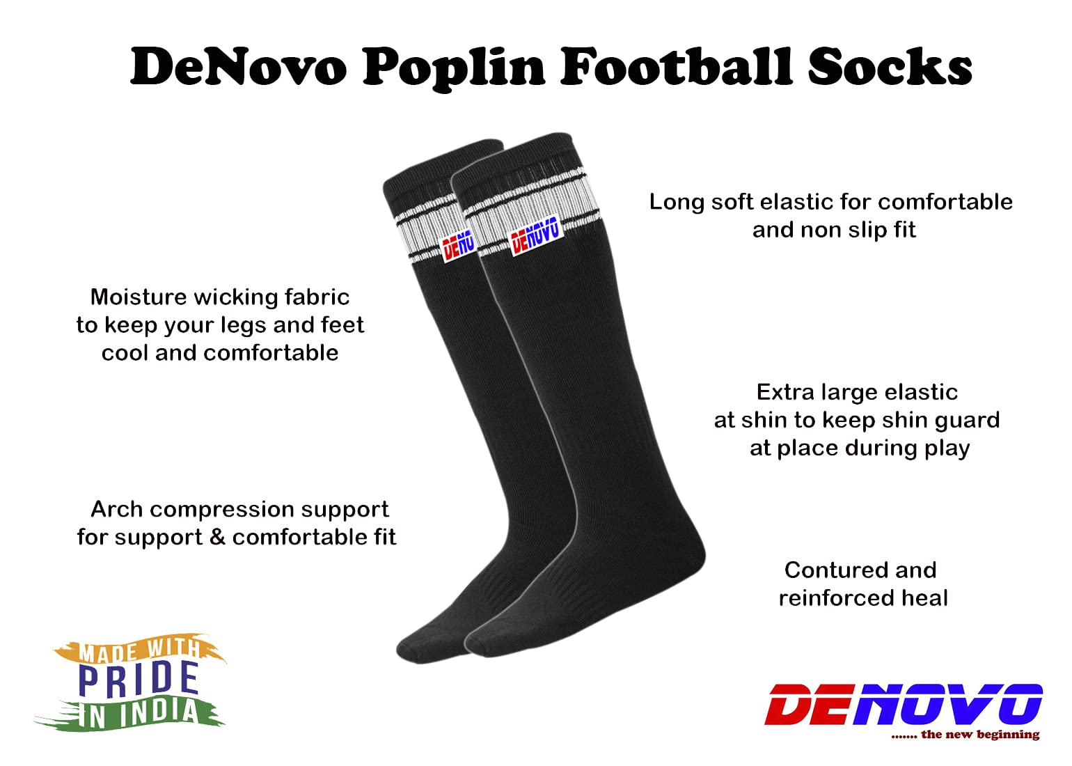 DeNovo New Shin Guard and Poplin Socks Football Kit - Soccer Protective Gear for Youth & Adults - Perfect for Training, Matches, and Football Games