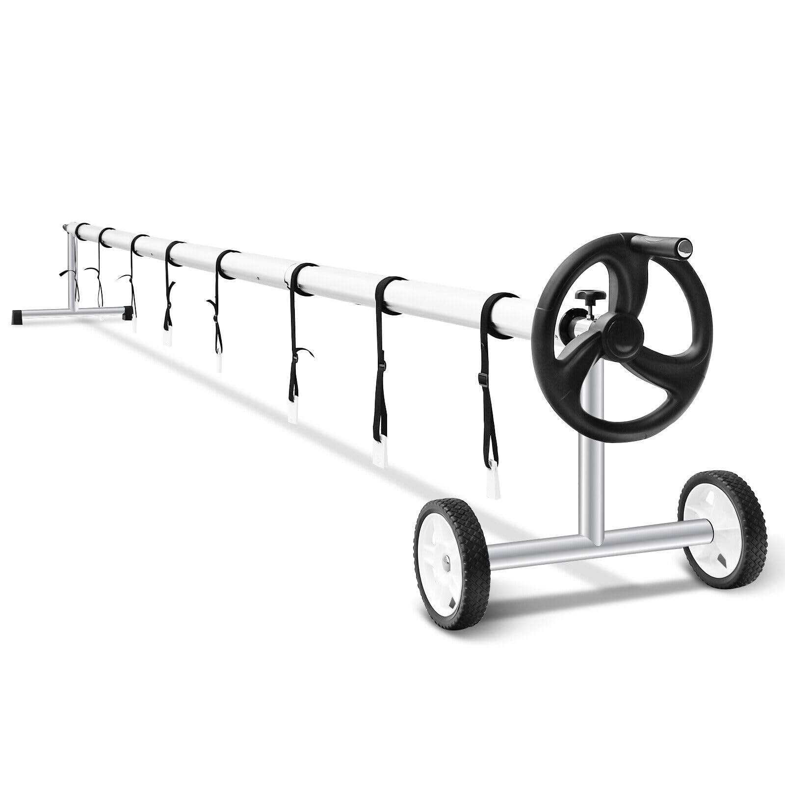 **18FT Heavy Duty Aluminum Pool Cover Reel Set with 8 Straps - Hand Crank for In-Ground Swimming Pools - Solar Cover Roller for 14-18FT Wide Pools - Durable Smooth Wheels for Easy Rolling - Perfect for Winter Protection & Summer Storage**