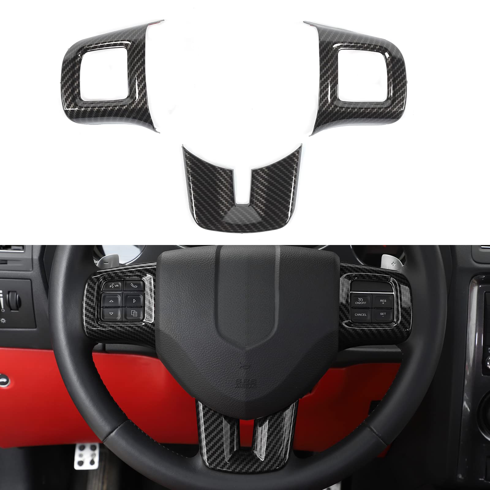 Linskip Carbon Fiber Steering Wheel Trim Cover - Compatible with Dodge Charger, Challenger, Durango, Dart (2009-2014) & Journey (2013-2022) - 3PCS Interior Accessories for Enhanced Grip & Style - Perfect for Daily Driving, Road Trips & Car Enthusiasts