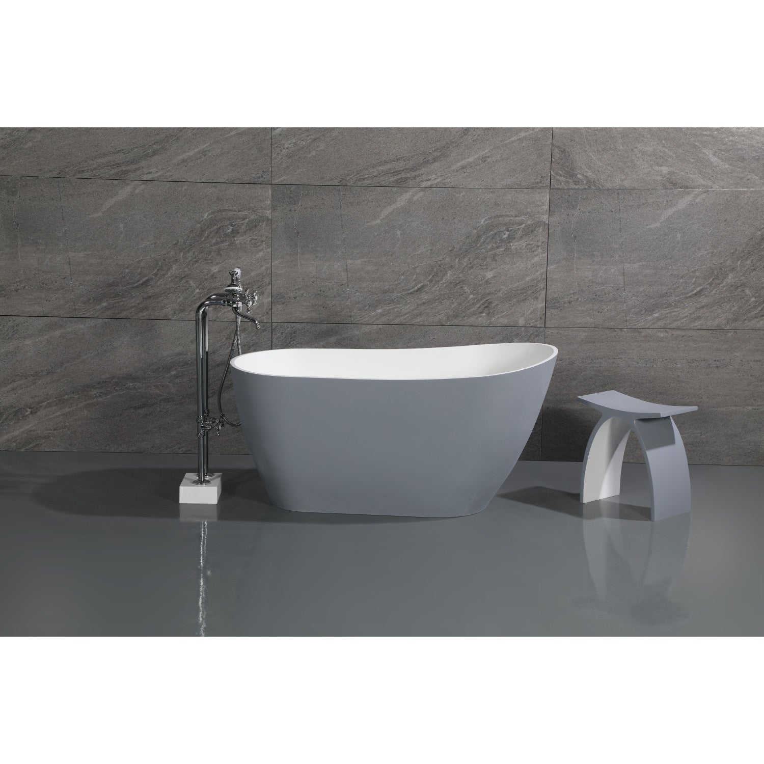 Arcticstone 52 Inch Freestanding Oval Bathtub - VRTSS513026WG Solid Surface Slipper Tub with Drain in Glossy White/Matte Gray | Modern Bathroom Luxury for Spa-Like Relaxation