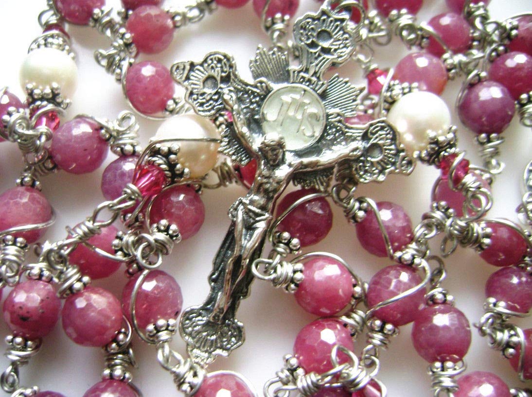 Handmade 925 Sterling Silver Ruby Beads Rosary Cross Catholic Necklace - Elegant Religious Jewelry Gift Box for Prayer, Worship & Special Occasions