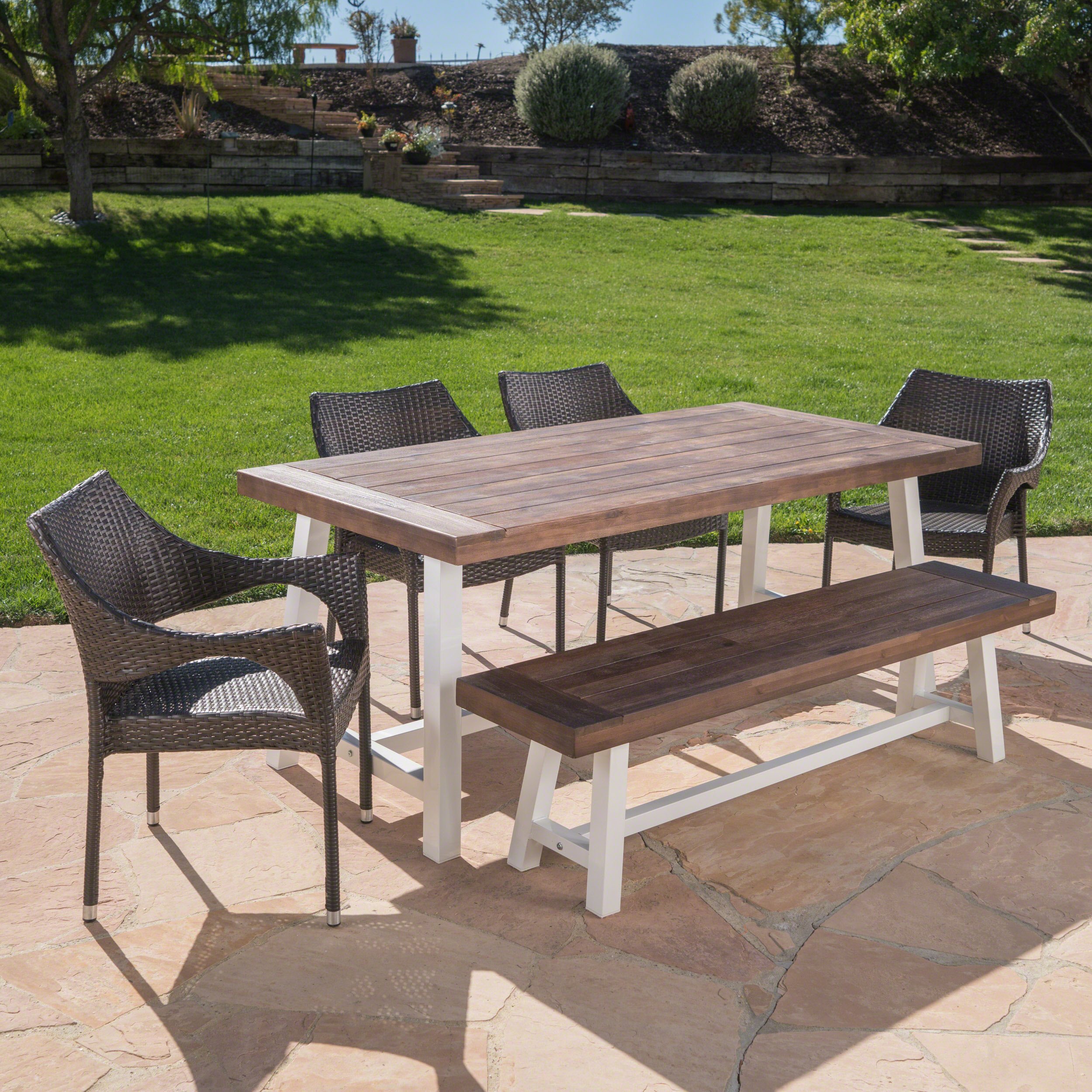 Christopher Knight Home Fletcher 6-Piece Outdoor Dining Set - Stackable Wicker Chairs with Acacia Wood Table & Bench, Sandblast Dark Brown/White Rustic Metal - Perfect for Patio, Garden & Backyard Entertaining