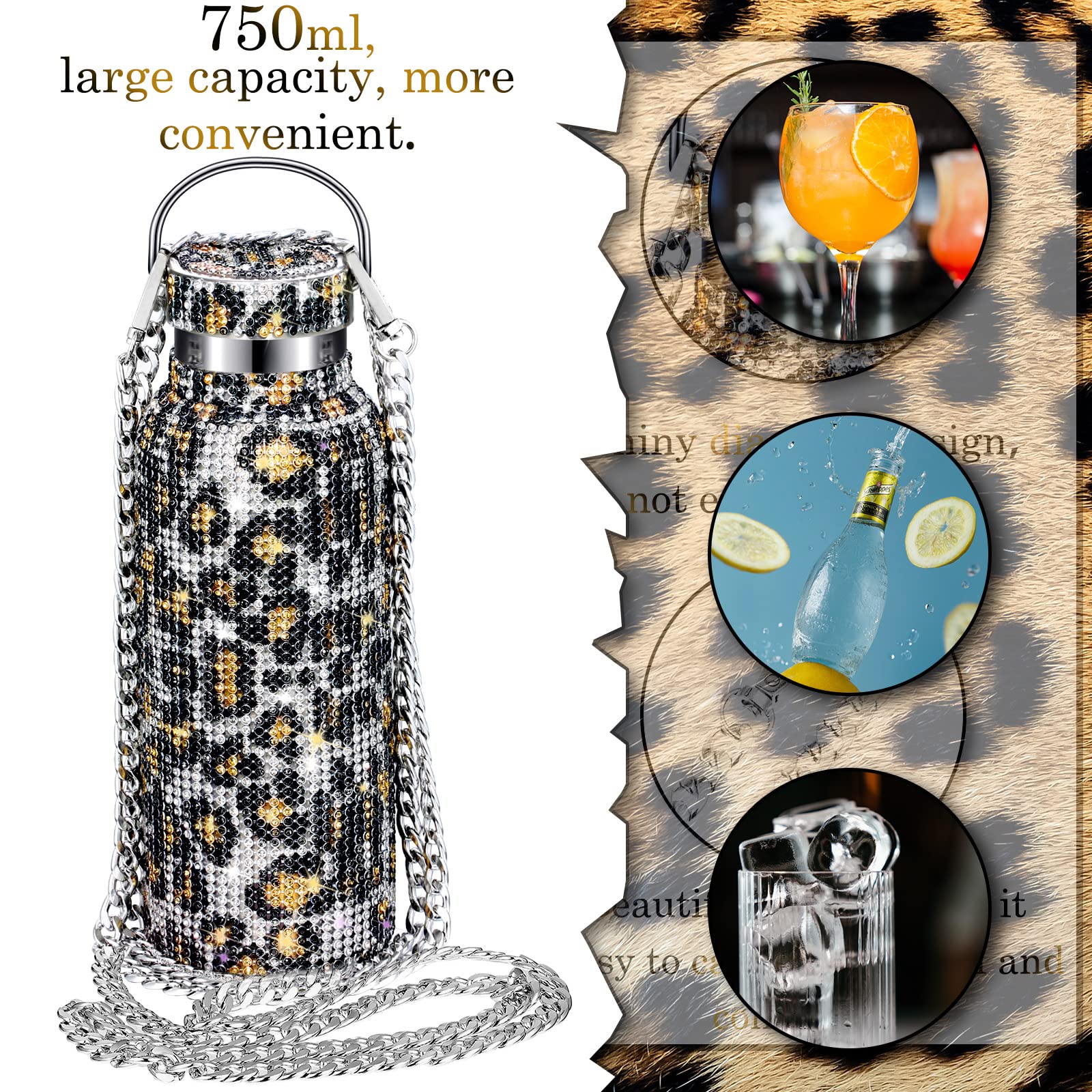 **Diamond Rhinestone Stainless Steel Water Bottle - 750ml Insulated Thermal Flask with Chain, Leopard Print - Perfect for Women & Girls Gifts, Gym, Travel & Everyday Hydration**