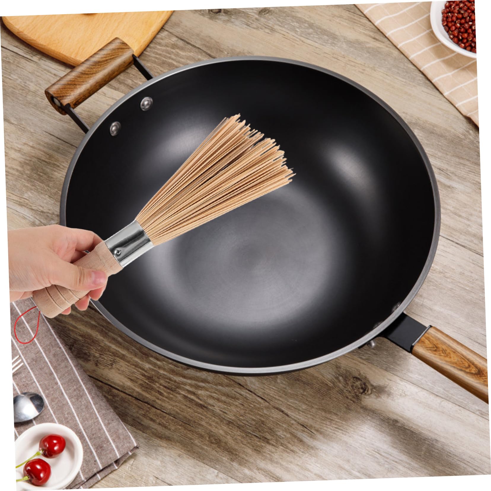 Bamboo Wok Brush Set - 2pcs Kitchen Cleaning Tools for Nonstick Pans