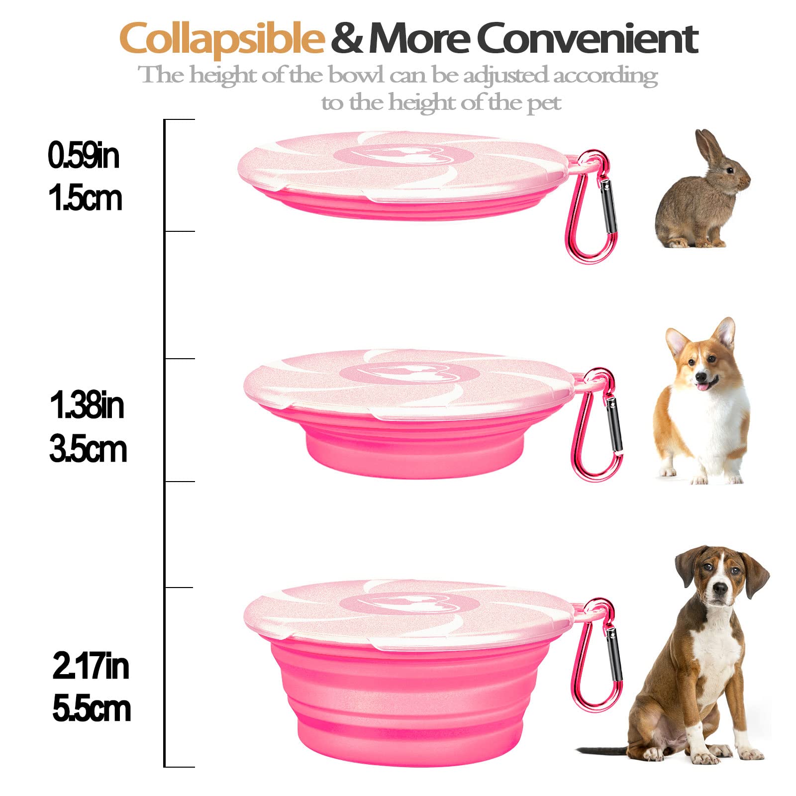Collapsible Dog Bowl for Travel - Portable Silicone Pet Food & Water Dish with Lid & Carabiner for Dogs & Cats, 15oz/450ml Foldable Doggy Bowl - Perfect for Hiking, Camping, Outdoor Adventures (Pink)