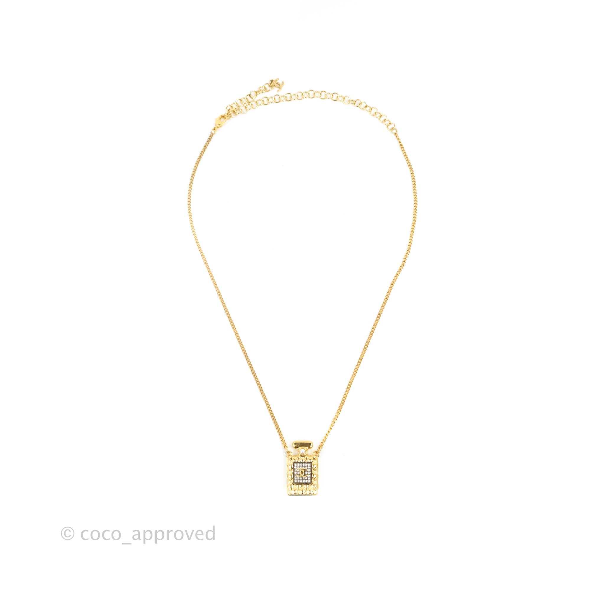 Chanel CC Crystal Pearl Perfume Bottle Necklace in Gold Tone - Elegant Fashion Jewelry for Women, Perfect Gift for Birthday, Anniversary & Special Occasions