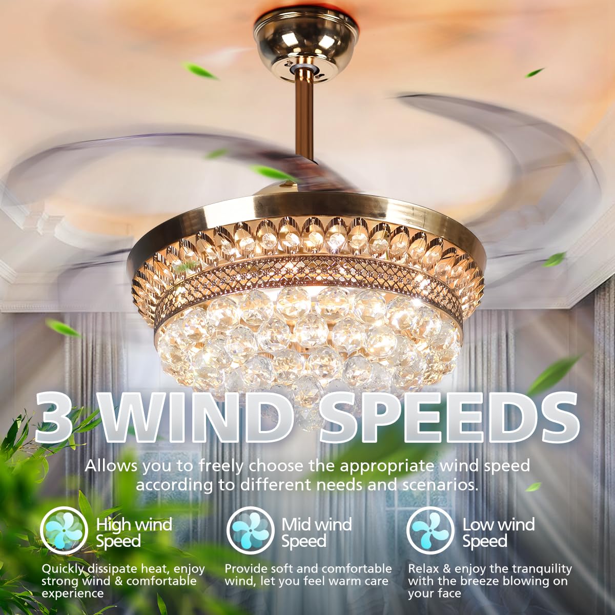 42 Inch Retractable Ceiling Fan with Light - Remote Control, French Gold Finish, Modern Luxury Crystal Chandelier Fan with 3 Adjustable Lights - Perfect for Bedroom, Living Room, and Restaurant Decor