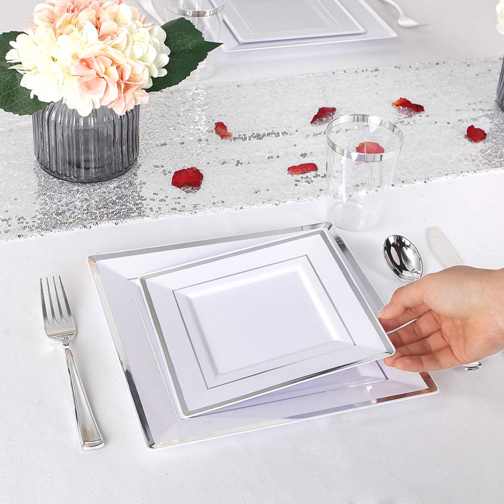 125-Piece Silver Plastic Dinnerware Set - Disposable Square Plates with Silver Rim & Cutlery (25 Dinner Plates, 25 Salad Plates, 25 Forks, 25 Knives, 25 Spoons) - Perfect for Parties, Weddings, and Catering Events