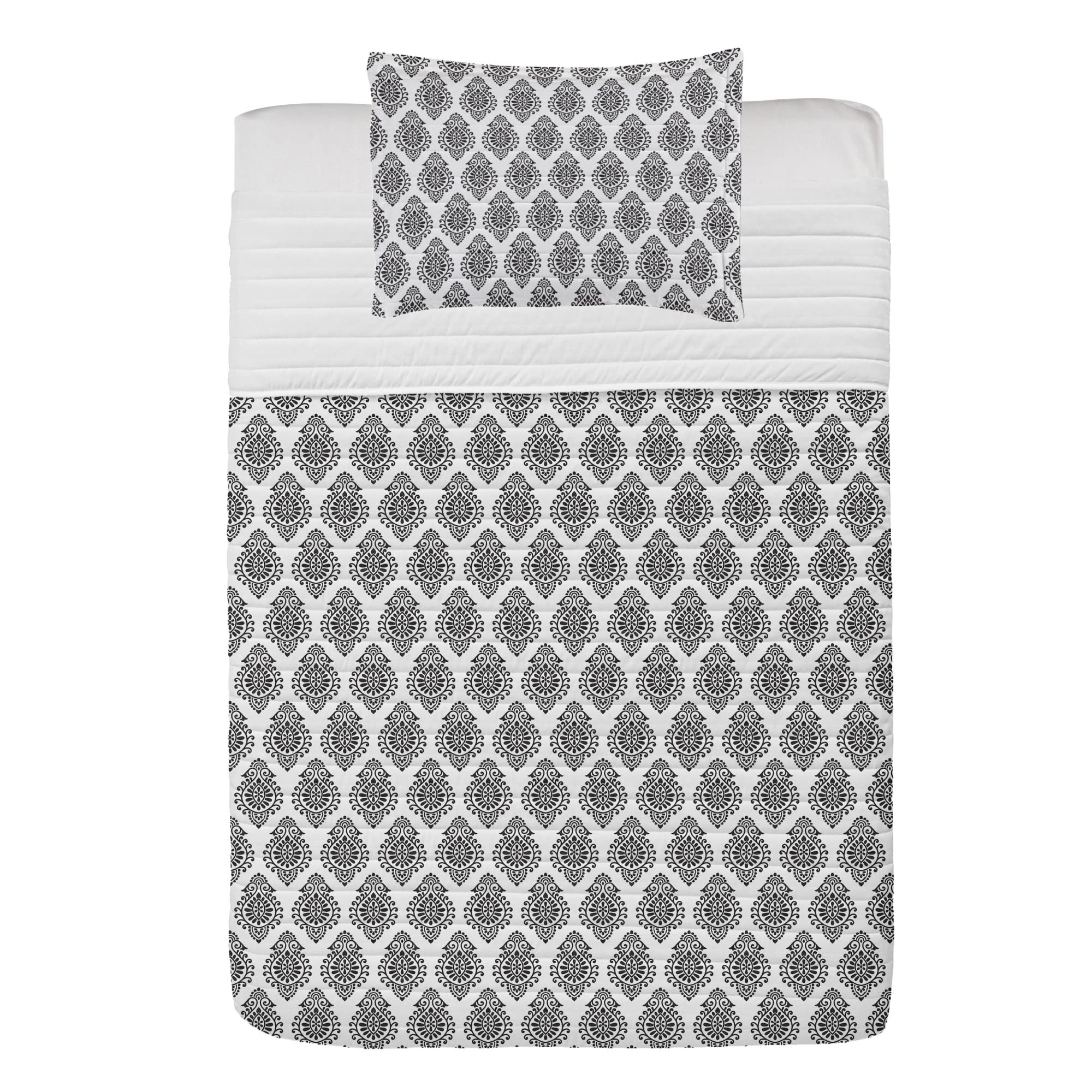 Ambesonne Black and White Microfiber Bedspread Set - Twin Size | Soft Abstract Oriental Damask Pattern Bedding with Pillow Sham & Comforter | Modern Monochrome Bedroom Decor for Guest Rooms, Dorms & Apartments