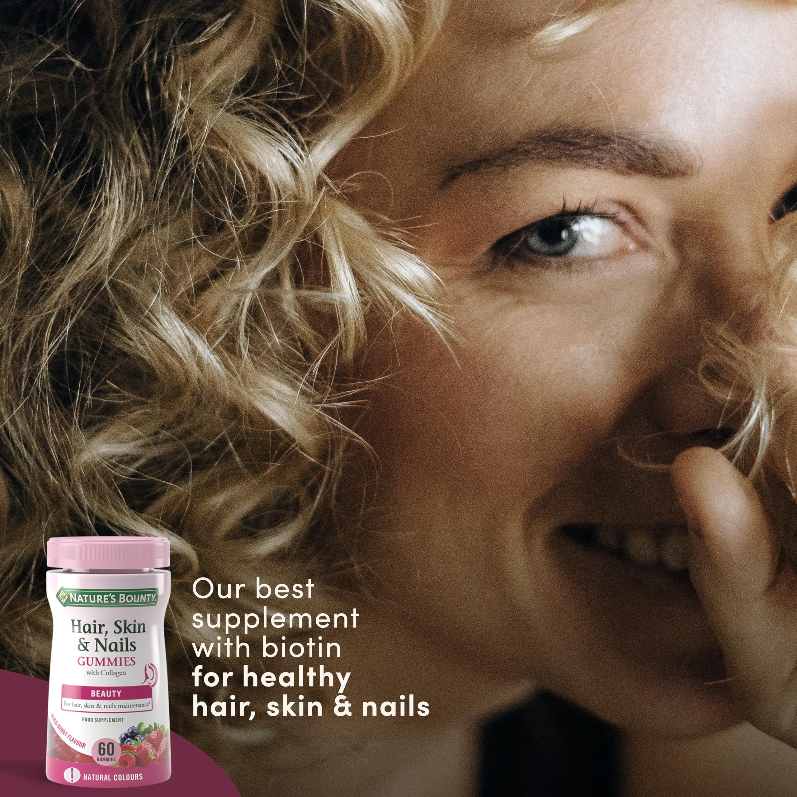 Nature's Bounty Hair Skin & Nails Gummies with Biotin Collagen Vitamins C E & Zinc - 60 Count (30 Day Supply) - Promotes Healthy Hair Growth & Shine - Perfect for Daily Beauty Supplement & Wellness Routine