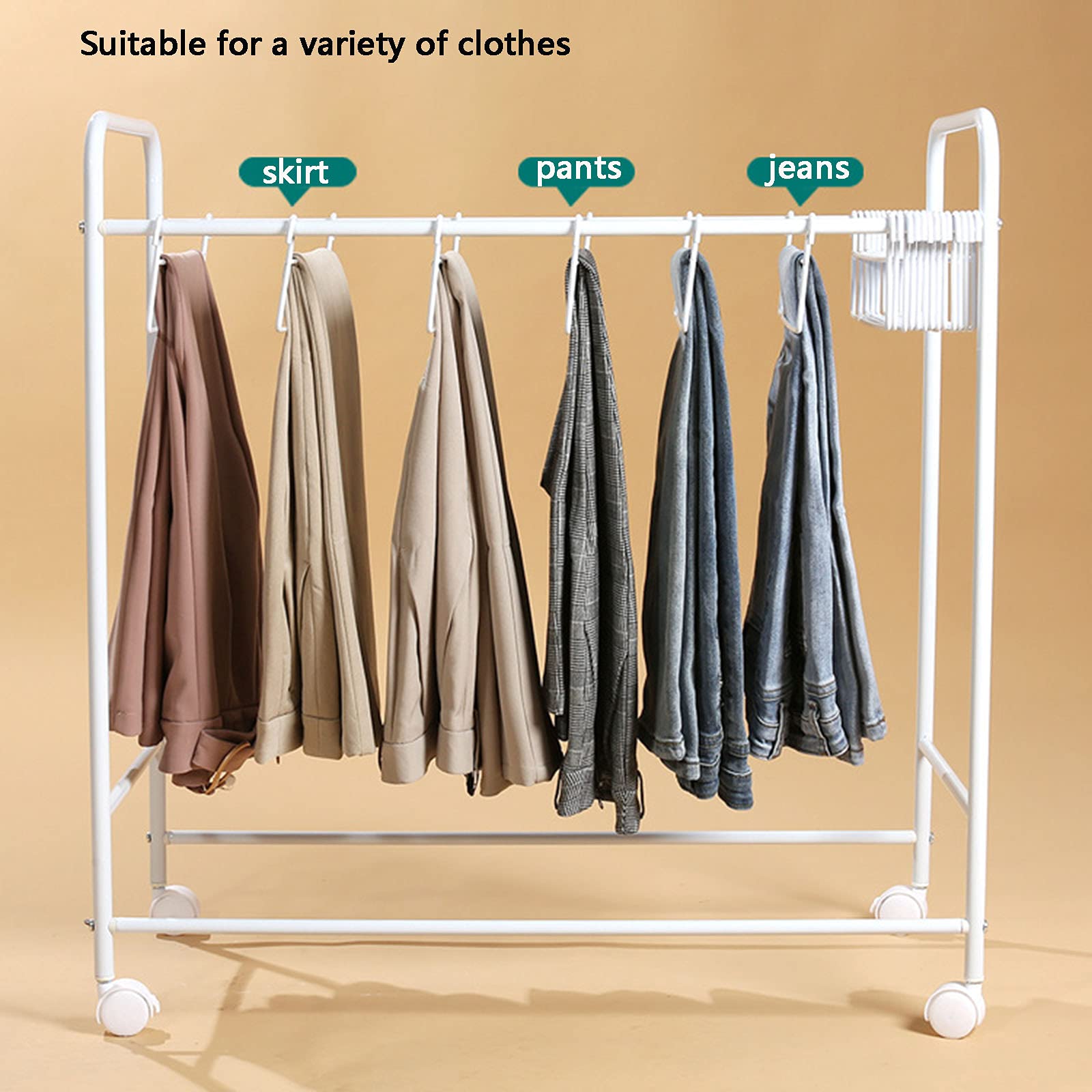 Portable Rolling Clothes Rack with Wheels - Adjustable Metal Garment Organizer for Pants, Jeans, Skirts & Scarves | Space-Saving Mobile Wardrobe Solution for Bedroom, Closet & Laundry Room Organization