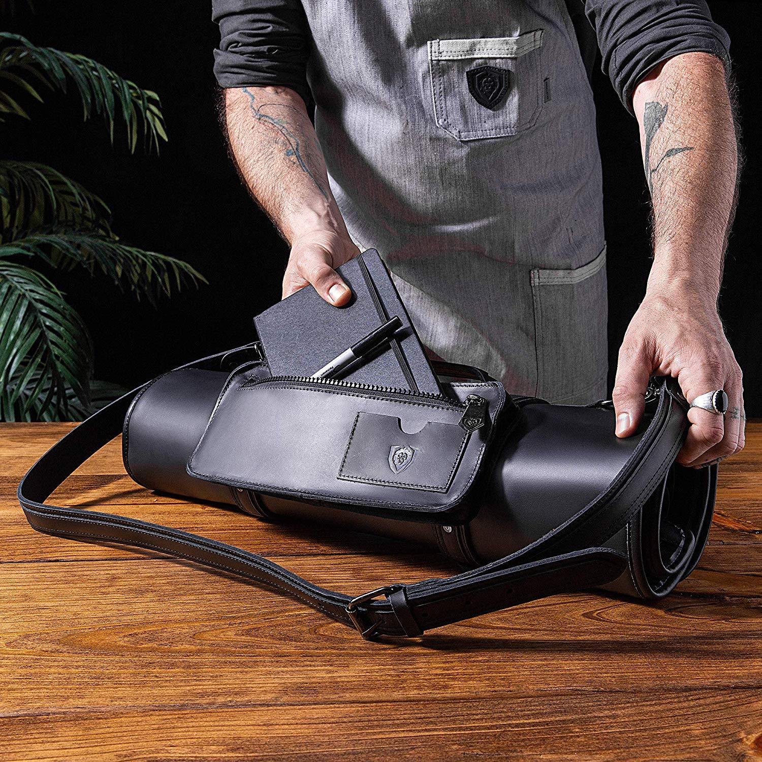 Premium Full Grain Leather Vagabond Knife Roll - Midnight Black | Dalstrong Professional Chef Knife Case for Travel & Kitchen Storage