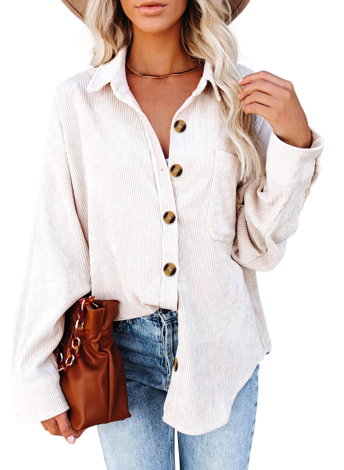 Women's Corduroy Shirt Jacket - Yeahill Oversized Button Down Shacket, Long Sleeve Blouse for Casual & Layering | Perfect for Fall Outfits, Workwear & Weekend Style