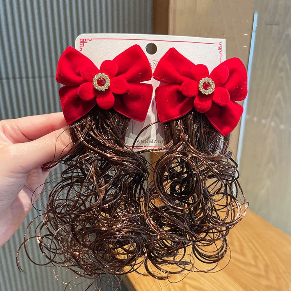 Vintage Chinese Style Hair Clips - Red Velvet Bow Tassel Hairpins for Women & Kids | New Year Baby Wig Headdress Barrettes | Traditional Antique Hair Accessories for Festivals, Weddings & Cosplay (Red, Size E)