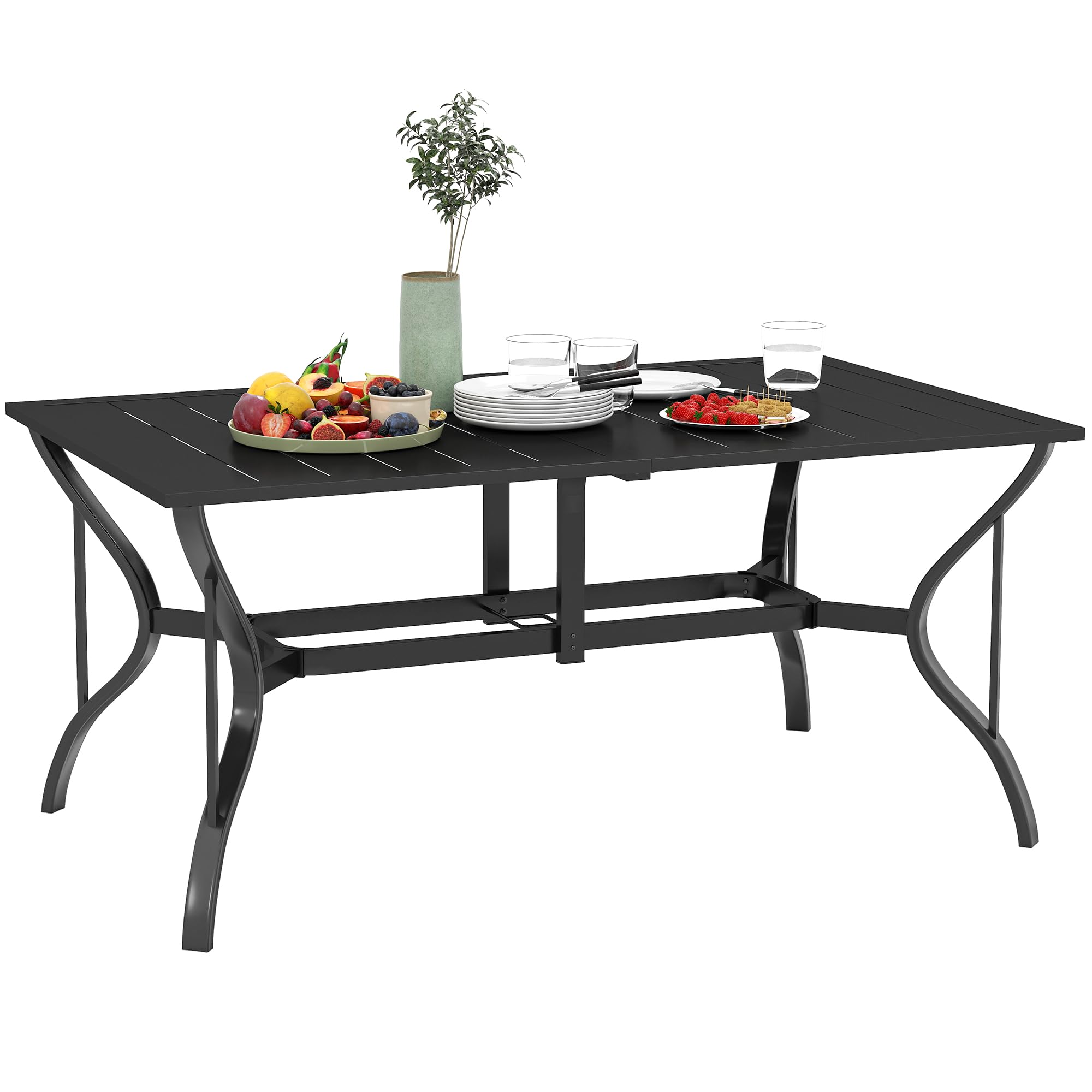 Outsunny 6-Person Outdoor Dining Table - Black Steel Rectangular Patio Table with Umbrella Hole - Durable Garden & Balcony Furniture for BBQ, Poolside Gatherings & Backyard Entertaining