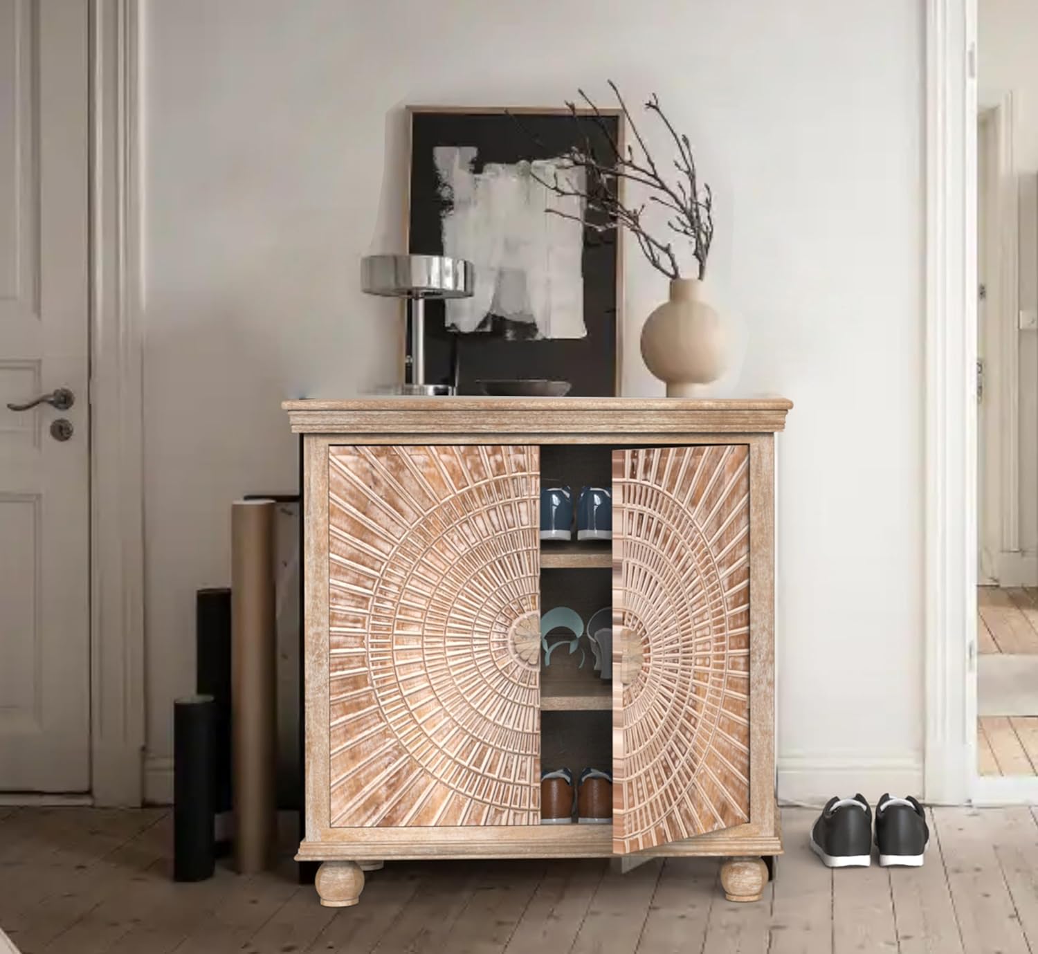 Premium Solid Mango Wood Sunburst Carving Sideboard - Farmhouse Style White Buffet Cabinet for Dining Room, Living Room & Entryway Storage | Corsica Rising Small Collection