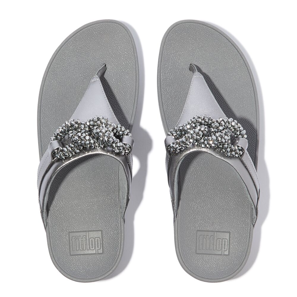 FitFlop Lulu Beaded Chain Leather Sandals for Women - Comfortable & Stylish Silver Gladiator Sandals for Summer, Beach, and Casual Outings