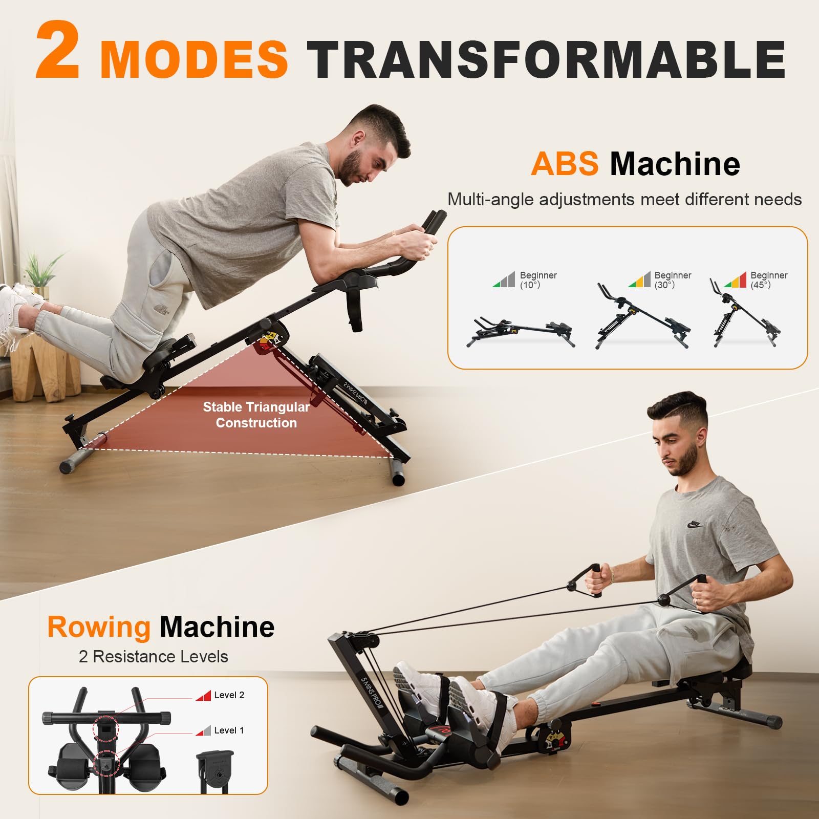 3-in-1 Home Gym System: Rowing Machine, Leg Press & Ab Glider for Full Body Workout - Adjustable Resistance Strength Trainer with LCD Display - Perfect for Home Fitness, Small Spaces & All-Level Core Training