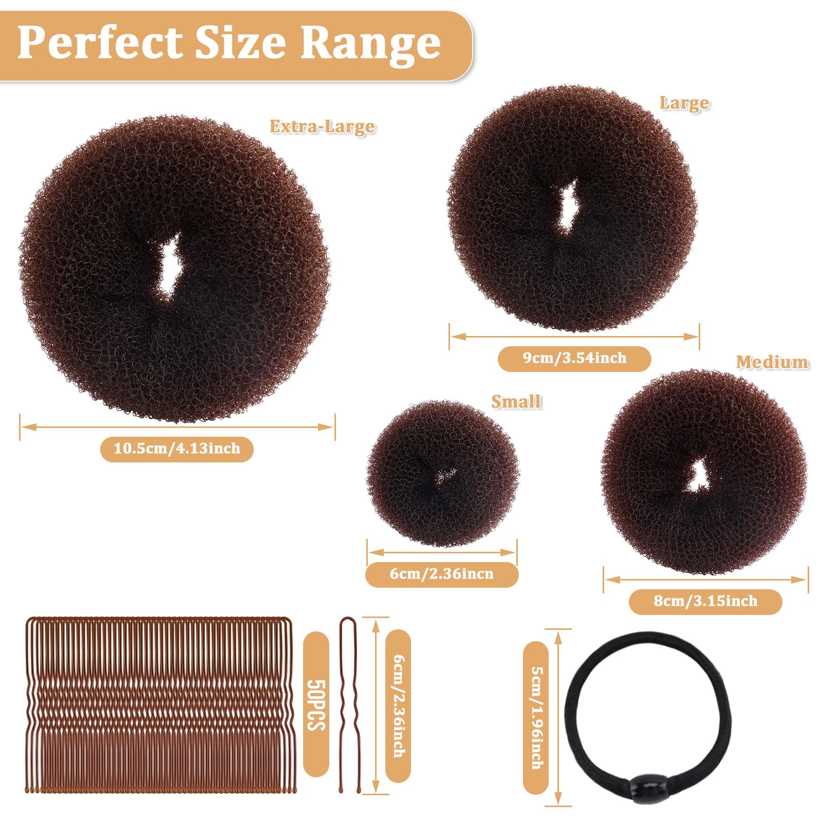 65-Piece Hair Accessories Set with 10 Hair Bun Makers (1 XL, 2 Large, 3 Medium, 4 Small), 50 U-Shaped Pins & 5 Hair Ties - Ballet Donut Bun Maker for Long Thick Hair - Perfect for Ballet, Dance, Wedding & Everyday Hairstyles (Brown)