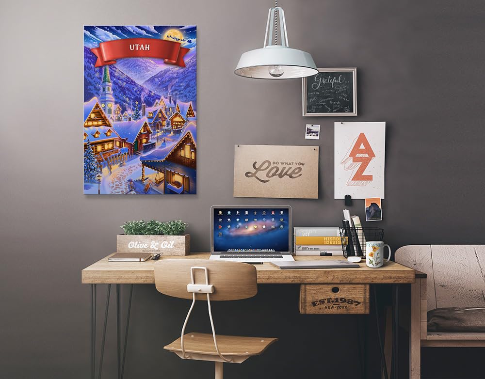 Utah Sleepy Winter Christmas Village Wall Art - 16x24 Wrapped Canvas for Holiday Home Decor - Perfect for Living Room, Bedroom & Office Seasonal Decoration