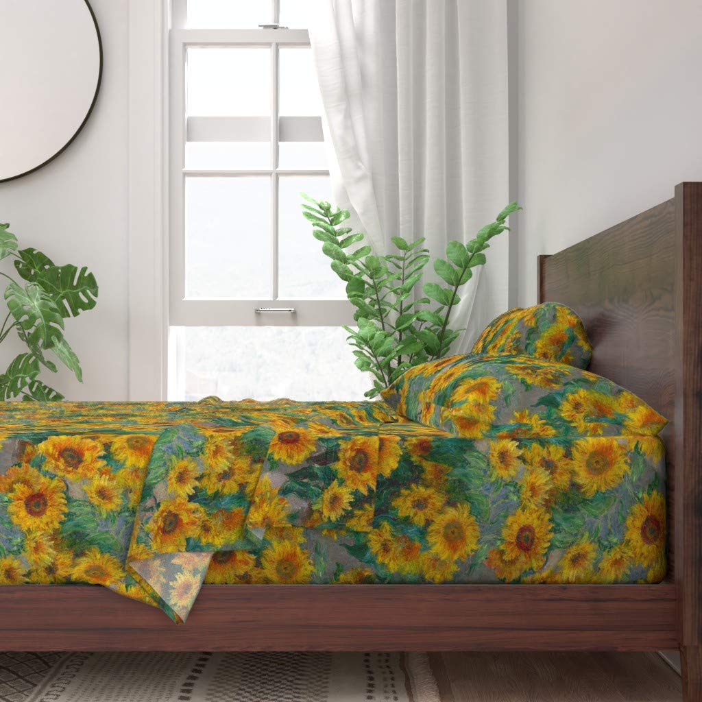 Premium 100% Cotton Twin Sheet Set - Monet Sunflowers Painting Design, 3-Piece Custom Printed Bedding | Soft & Breathable for Cozy Home Decor, Guest Rooms & Dorm Essentials