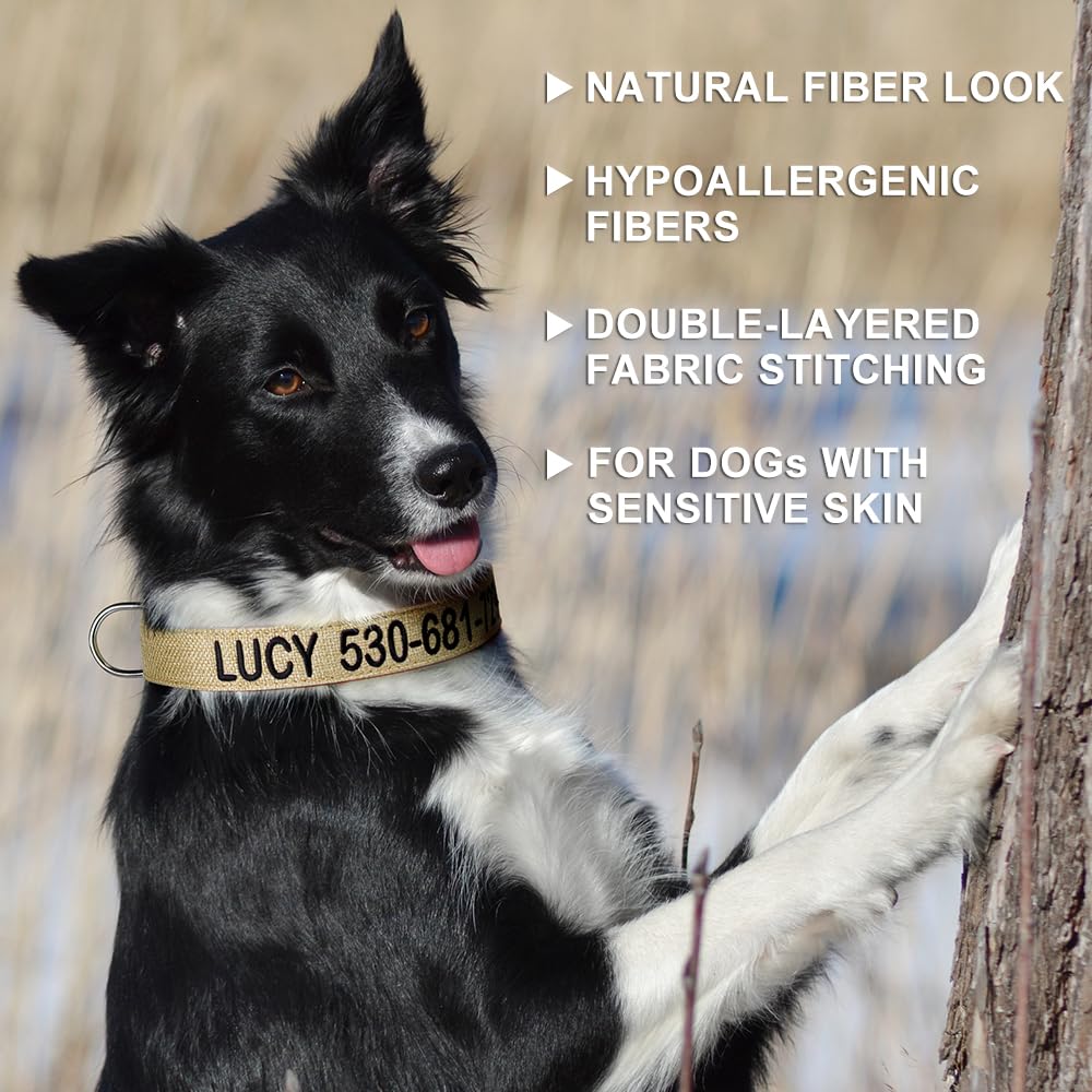 Custom Embroidered Dog Collar with Pet Name & Phone Number - Natural Cotton Hemp Collar for Sensitive Skin - Adjustable Sizes for Small, Medium & Large Dogs - Perfect for Daily Walks, Training & Outdoor Adventures