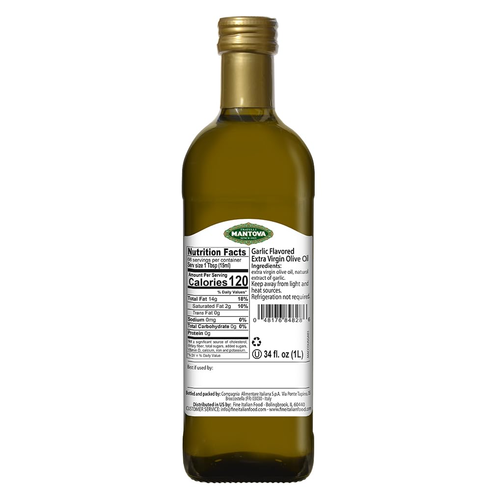 Premium Mantova Garlic Infused Extra Virgin Olive Oil (EVOO) - Cold-Pressed, Imported from Italy - 34 oz Glass Bottle (Pack of 2) - Perfect for Salads, Pasta, Vegetables & Bread Dipping - Great for Cooking, Grilling & Gourmet Recipes