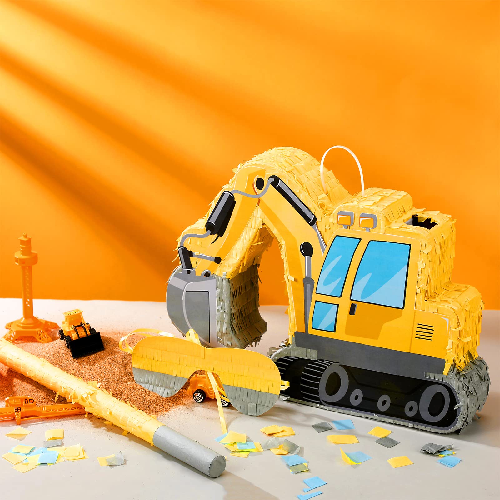 Ferraycle Excavator Construction Truck Pinata for Boys Birthday Party - Kids Construction Theme Party Supplies with Blindfold, Bat, Confetti & Number Crane Tractors - Perfect for Construction Birthday Parties, School Events & Pinata Games
