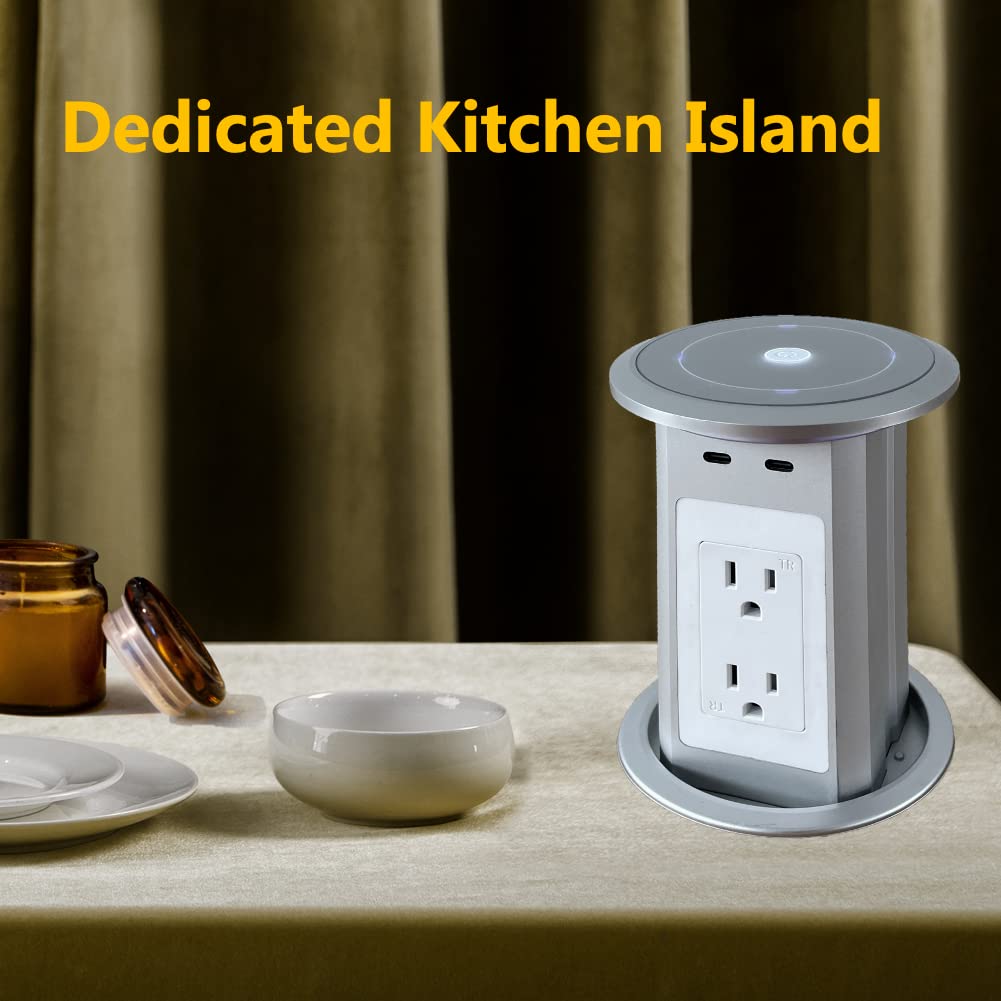 ZESHAN Pop Up Outlet with Wireless Charger - 4 AC Outlets & 2 USB C Ports - 1.8M Extension Cord for Kitchen Countertop, Office Desk, Bedroom - Smart Space-Saving Power Strip (Silver)