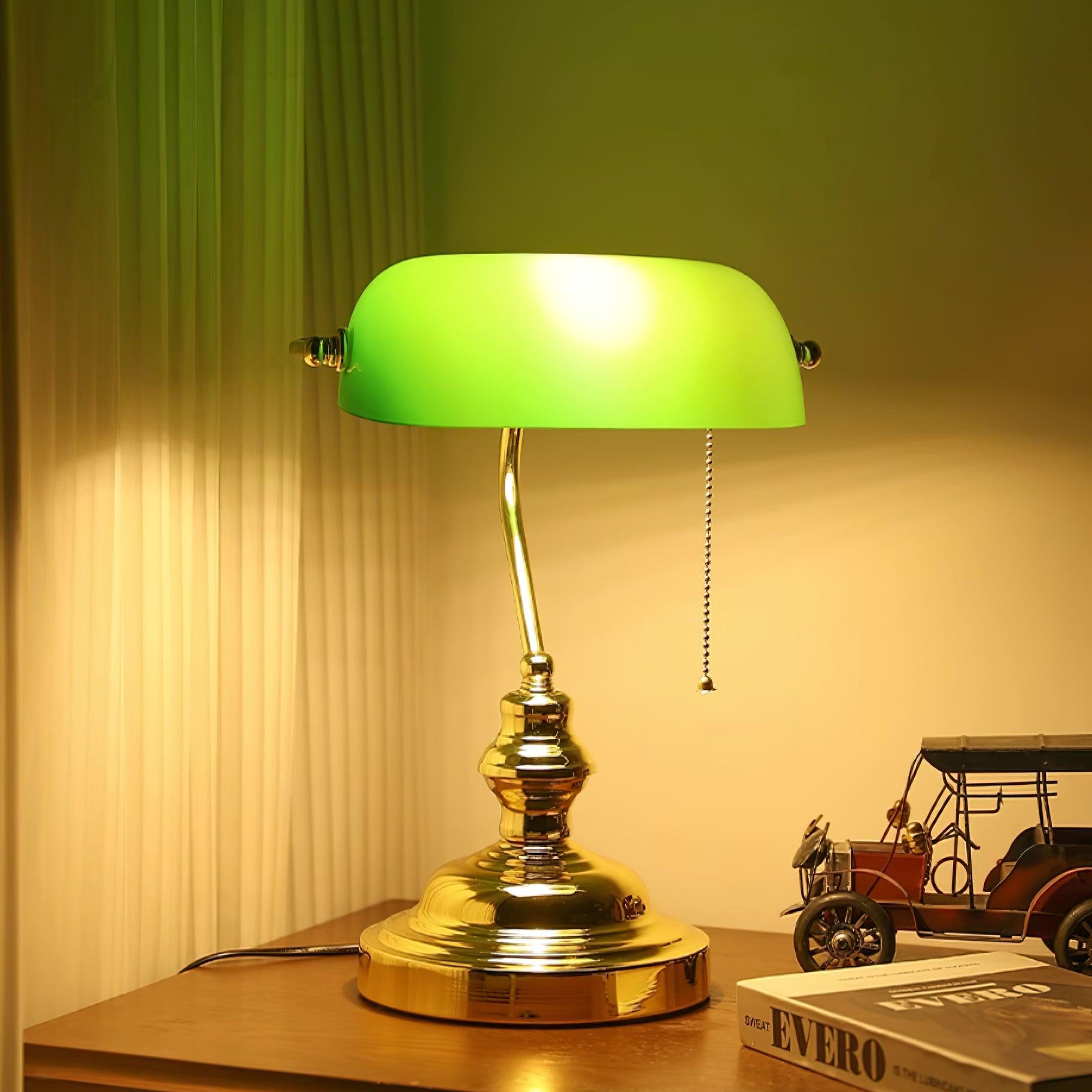 Vintage Bankers Table Lamp - Antique Style Brass Desk Lamp with Adjustable Arm & Green Glass Shade - Perfect for Home Office, Study, or Library Lighting