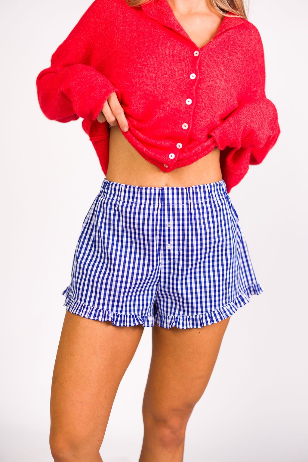 Georgia Gingham Ruffle Hem Shorts - Blue Summer Casual Shorts for Women | Perfect for Beach, Picnic & Vacation Outfits