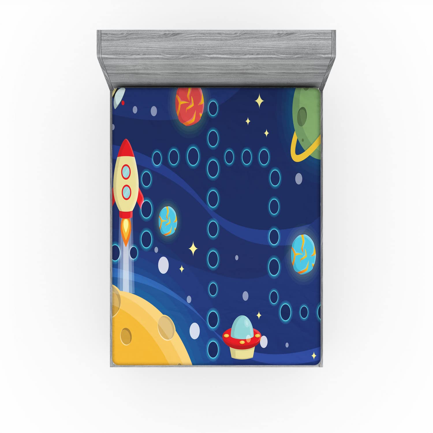 Ambesonne Cartoon Fitted Sheet - Colorful Space & Interplanetary Travel Design, Deep Pocket Full Size Bed Cover - Perfect for Kids' Rooms, Themed Bedrooms & Space Enthusiasts