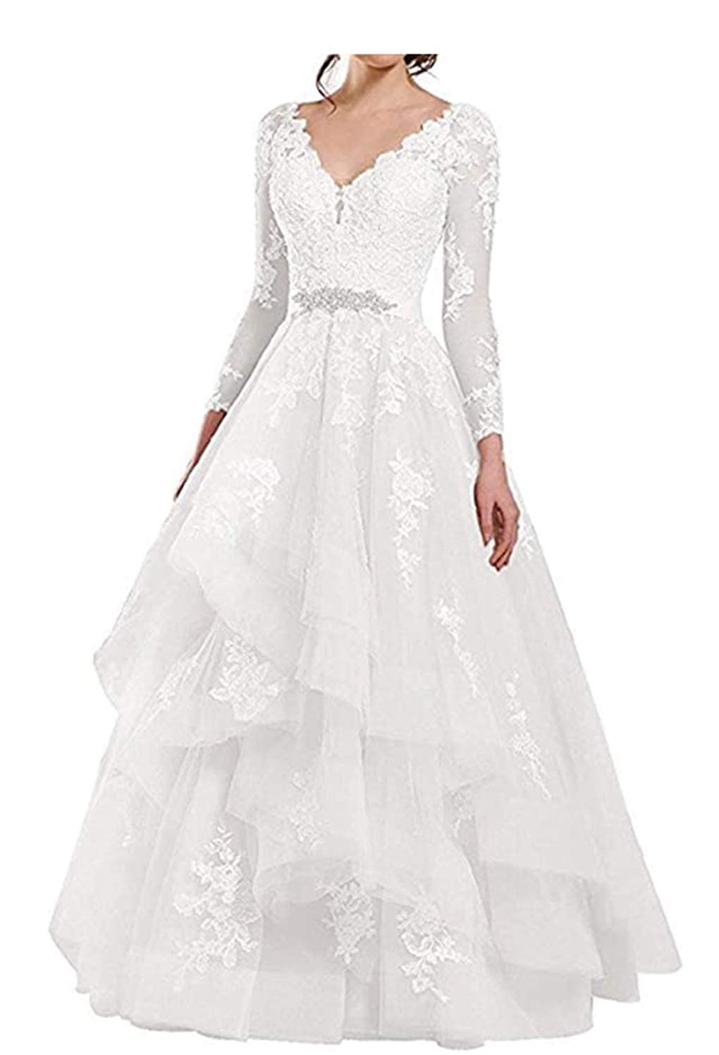 Sheer Long Sleeve Lace Applique Wedding Dress with Double V-Neck & Ruffled Organza Skirt - Elegant Bridal Gown for Church Ceremony, Garden Wedding & Romantic Photoshoots