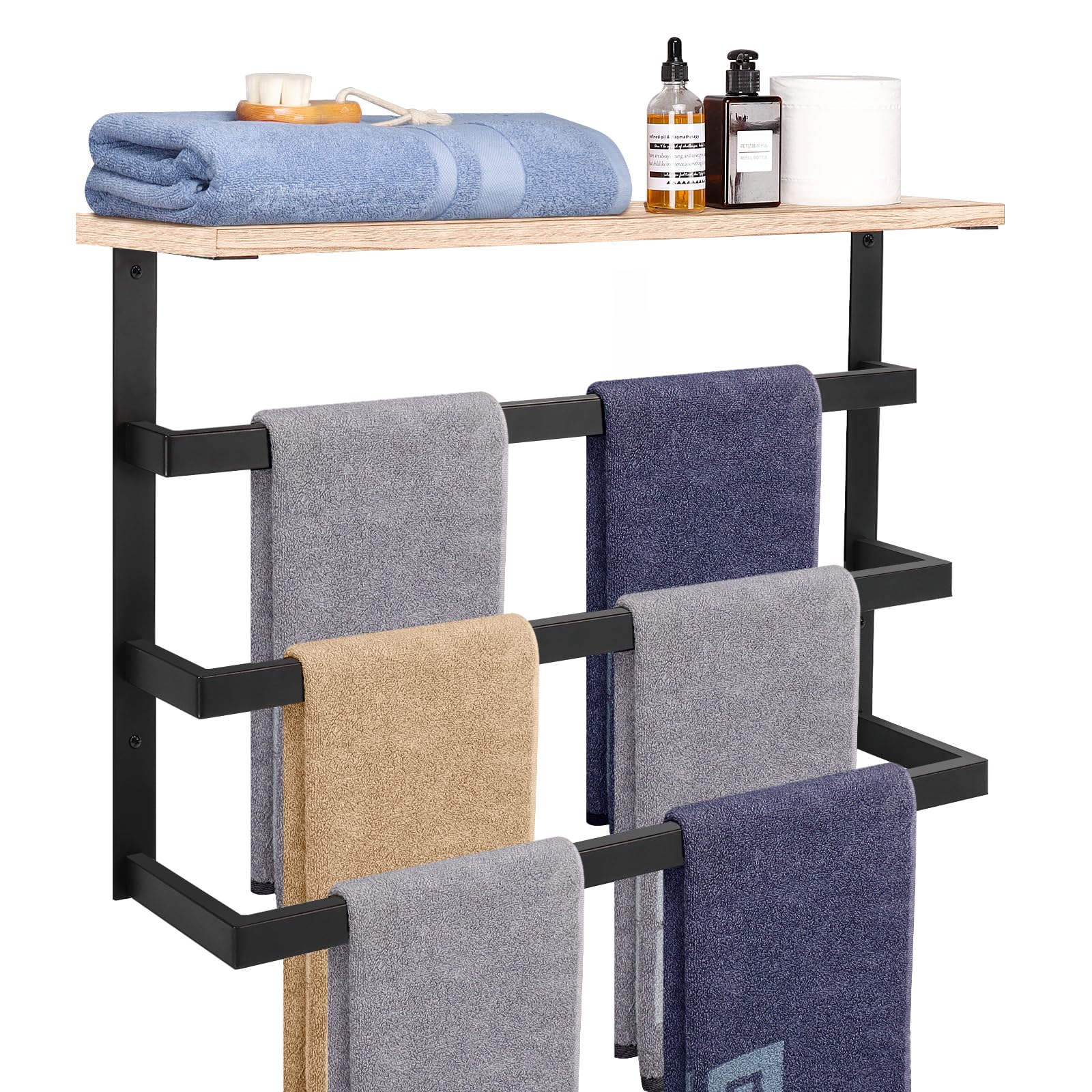 NearMoon 24 Inch Matte Black Hanging Towel Rack - 3-Tier Thick Metal Wall Mounted Towel Holder with Wood Shelf - Bathroom Storage Organizer for Towels, Robes & Bath Accessories - Perfect for Small Spaces & Spa-Style Decor