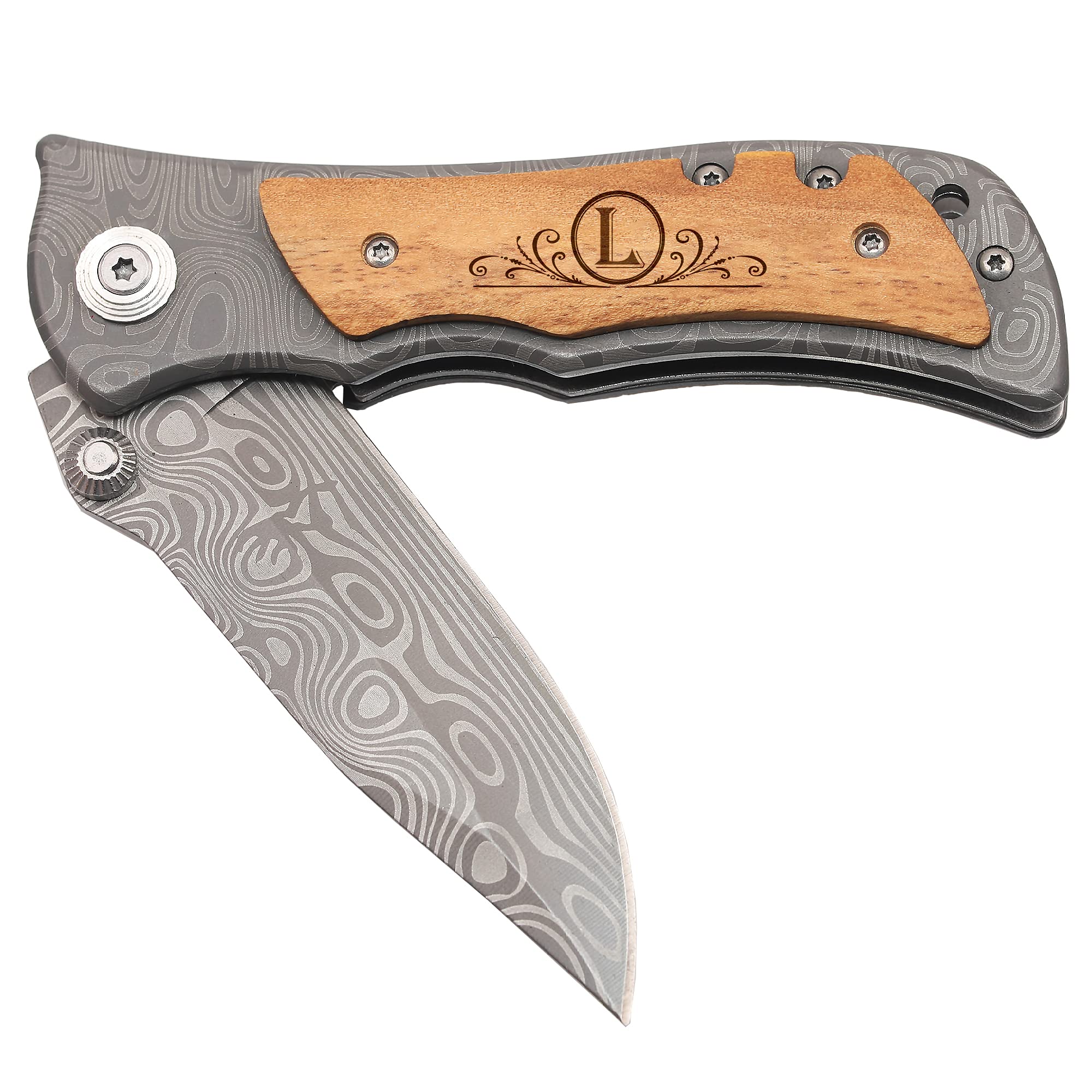 Personalized Laser Engraved Pocket Knife for Men - Custom Initial L (A-Z) - Perfect Anniversary, Birthday Gift for Husband & Boyfriend - Great for Camping, Hiking & Everyday Carry
