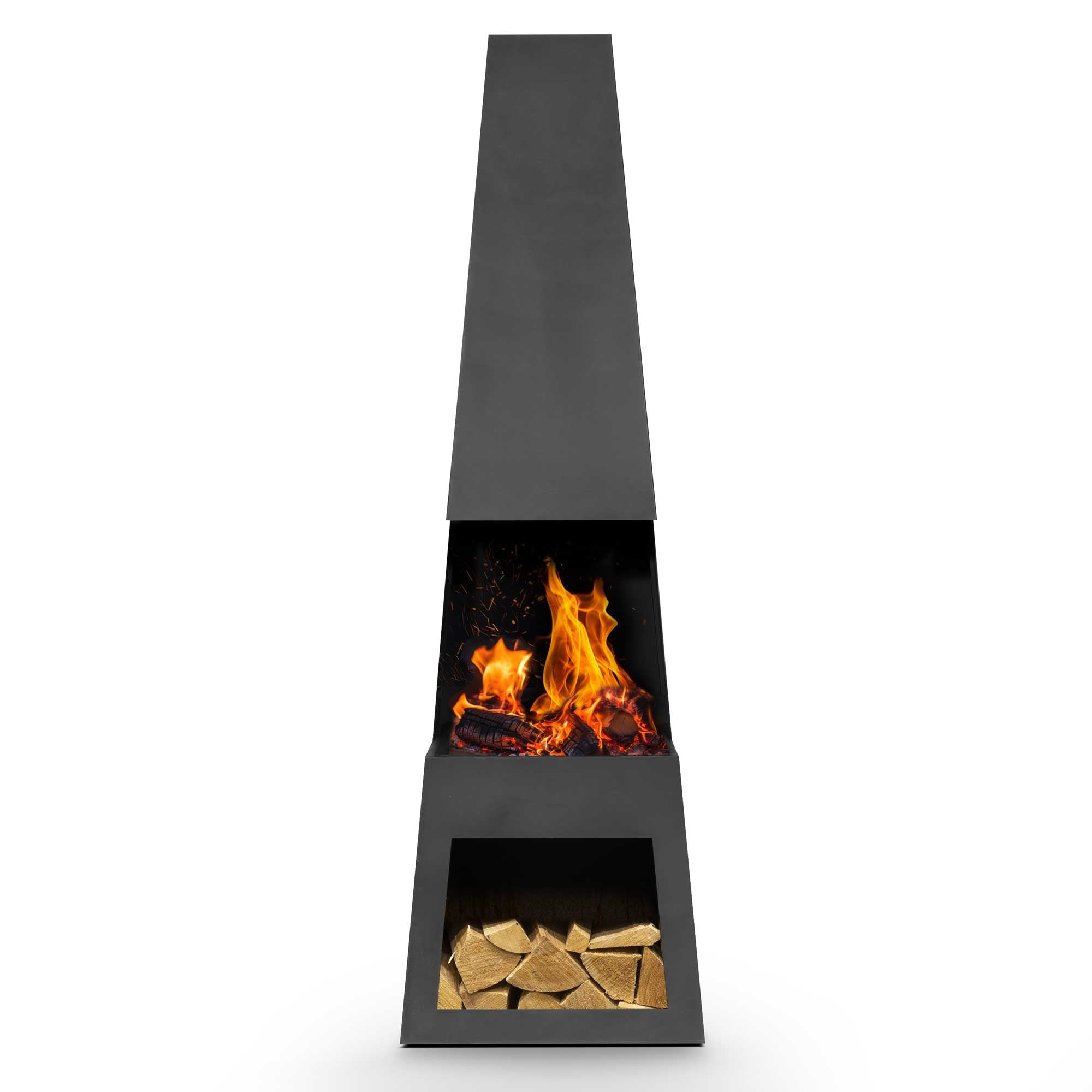 Pyramid Chiminea Outdoor Fireplace - Black Steel Patio Heater with Firewood Storage (DG107) - Perfect for Backyard, Garden, and Camping Gatherings