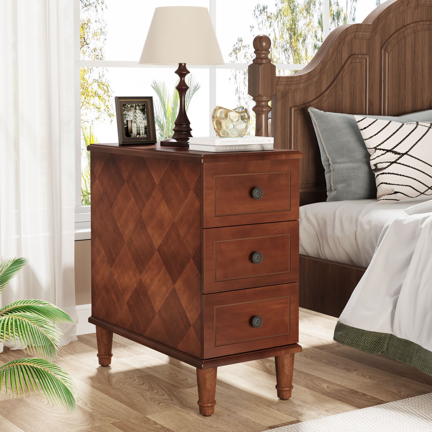Solid Wood Nightstand with 3 Drawers - Fully Assembled Narrow Bedside Table for Small Spaces | Perfect for Bedrooms, Apartments & Dorm Rooms