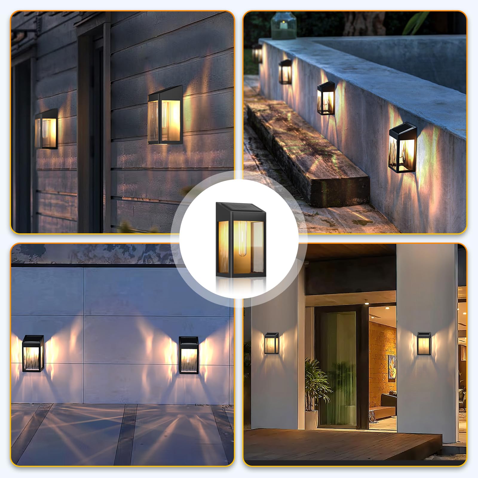4 Pack Solar Wall Lights Outdoor Waterproof - Auto On/Off Dusk to Dawn Solar Fence Lights for Patio, Porch, Hallway, Stairs, Backyard, Front Door - Warm White LED Solar Powered Lights for Home Security & Decoration