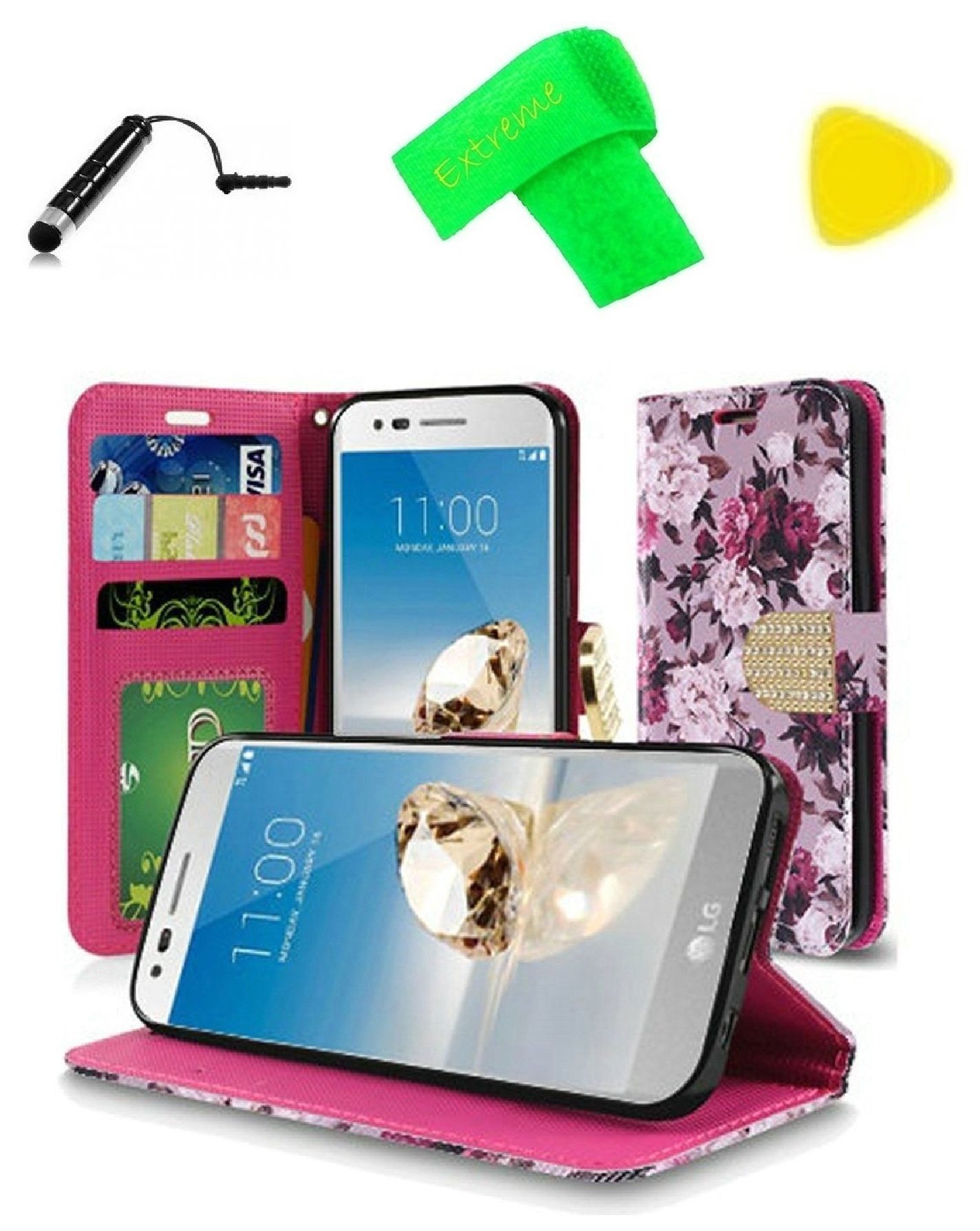 Premium Leather Wallet Phone Case with Credit Card Slots, Extreme Band, Stylus Pen & Pry Tool for LG Rebel 3 L157BL/L158VL (Pink/White/Rose) - Perfect for Everyday Carry, Travel & Outdoor Activities