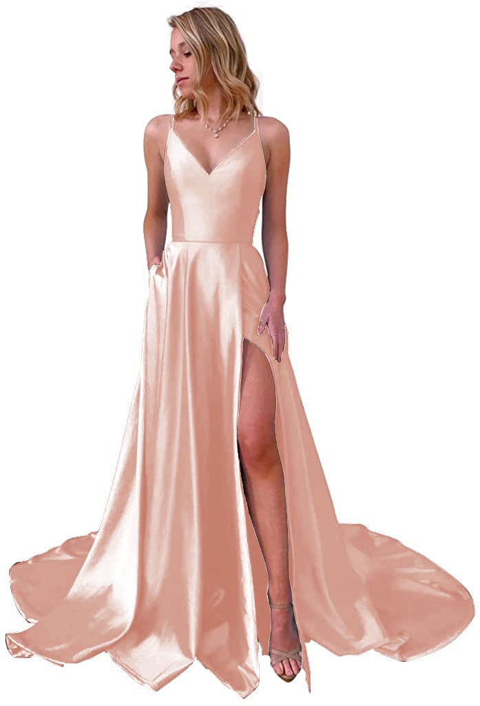 BOLENSYE Women's Sexy Spaghetti Strap Prom Dress with Thigh High Slit & Pockets - Elegant Evening Gown for Homecoming, Cocktail Party, Formal Events & Special Occasions