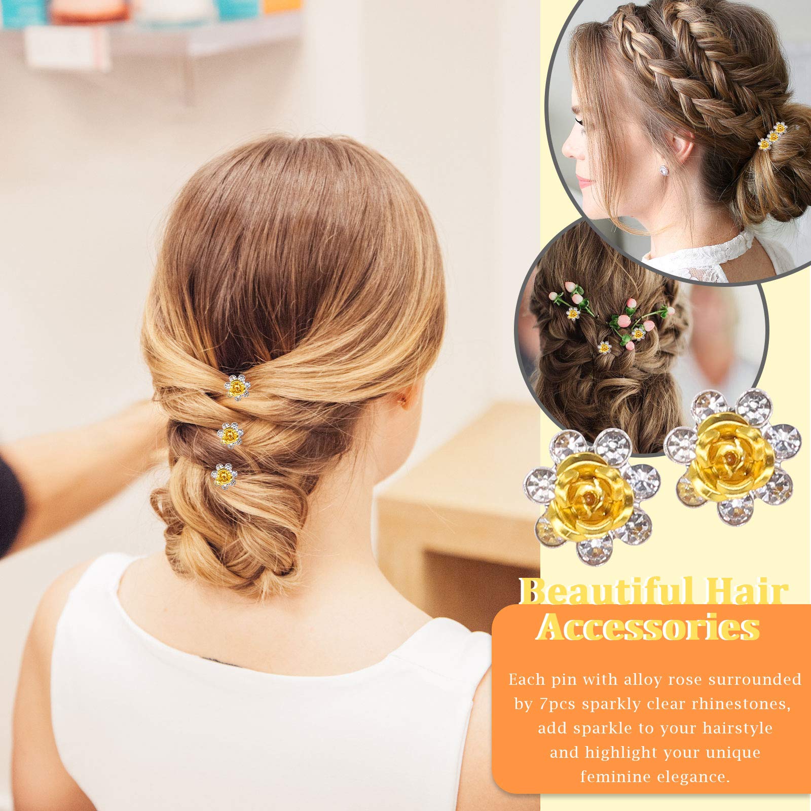 Rustark 40 Pcs Gold Crystal Hair Pins - Rose Flower Rhinestone U-Shaped Bobby Pins & Bun Hair Clips for Women - Wedding Bridal Hair Accessories Set with Storage Case - Perfect for Parties, Prom, and Special Occasions