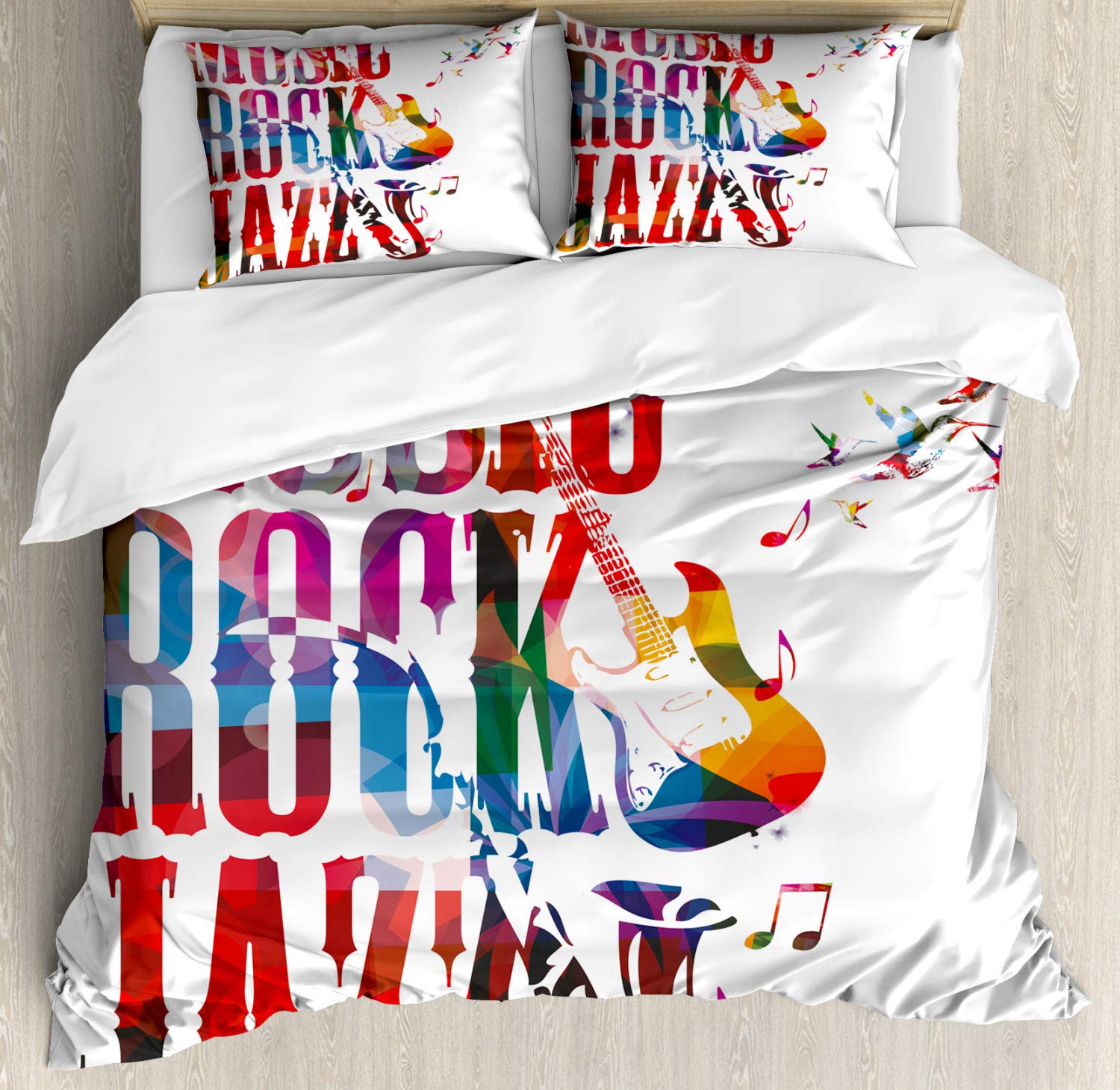 Ambesonne Musical Duvet Cover Set King Size - Rock Jazz Bass Guitar Saxophone Notes Design, 3 Piece Bedding Set with 2 Pillow Shams - Vibrant Multicolor Harmony Illustration - Perfect for Music Lovers Bedroom Decor & Gift Idea