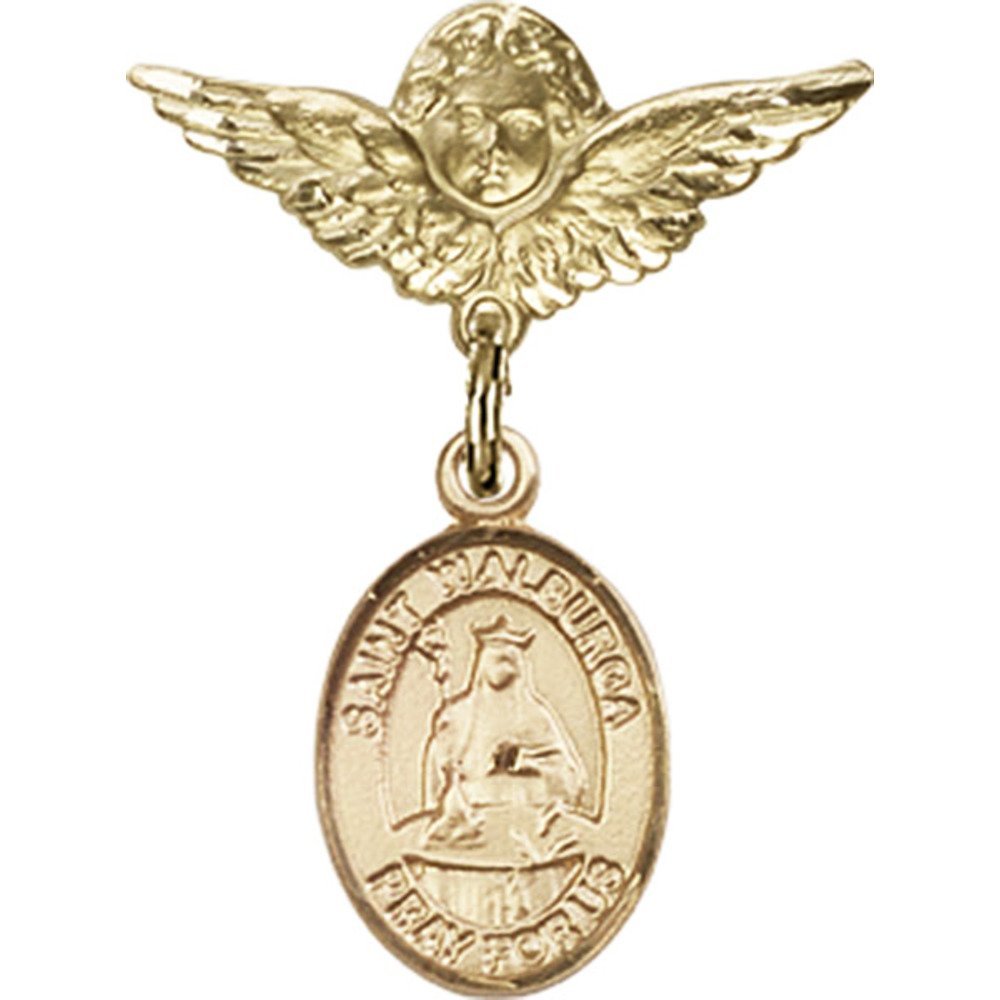 Gold Filled Baby Badge Pin with St. Walburga Charm & Angel Wings - 1 x 3/4 Inch - Perfect for Christening Gifts, Baby Showers & Keepsake Jewelry
