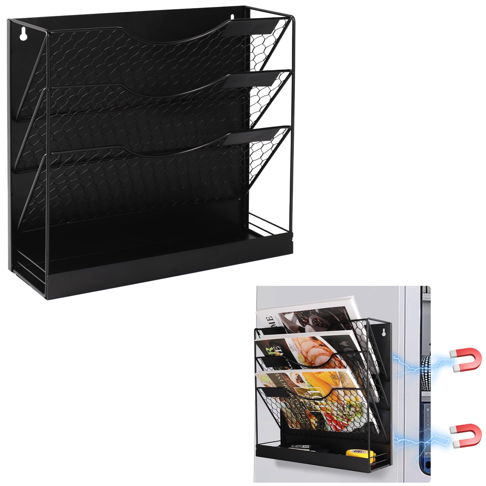 WOMACO 4-Tier Magnetic File Organizer - Large Heavy Duty File Folder Holder for File Cabinet, Wall Mount Paper Mail Organizer for Home & Office - Perfect for Whiteboards, Desks & Workspaces (Black)