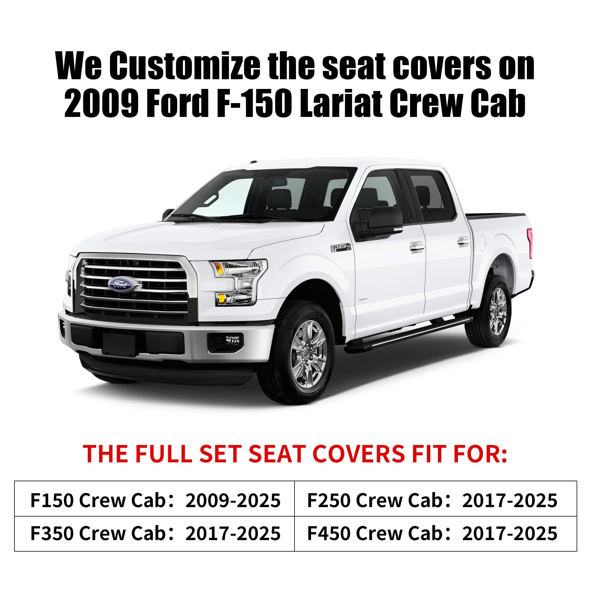 Custom Fit Waterproof Leather Seat Covers for Ford F150 2009-2025, F250, F350, F450 - Supercrew Cab, XLT, Lariat, King Ranch, Platinum & Raptor Models (Full Set, Black) - Perfect for Truck Protection & Off-Road Adventures