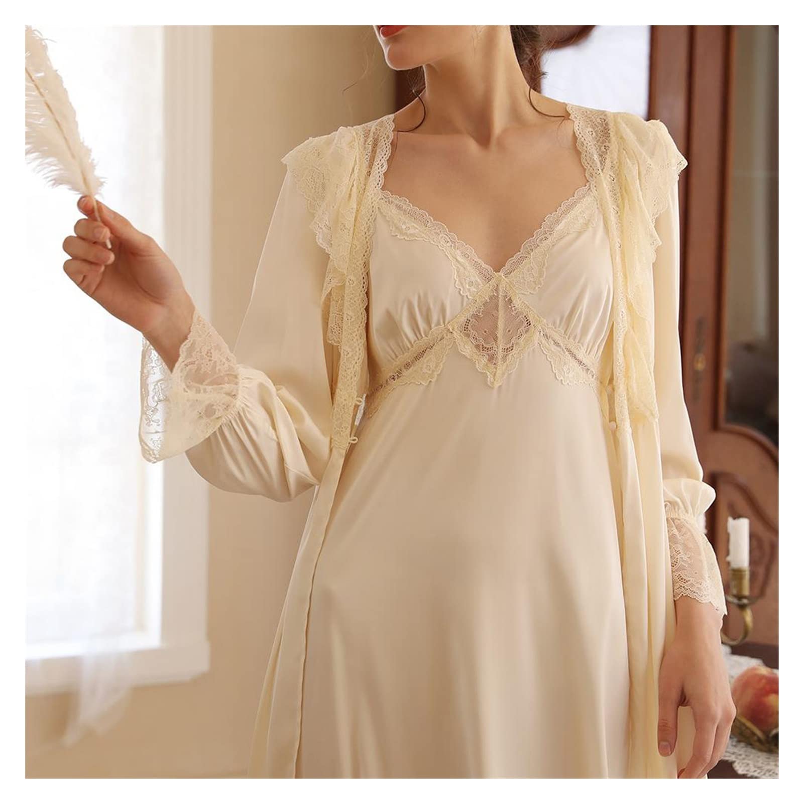 Sexy Satin Lace Nightgown Set for Women - 2 Piece Long Robe Sleepwear with Strap, Comfortable Home Suit (Color A, Size L) | Perfect for Valentine's Day, Anniversary Gifts & Romantic Nights