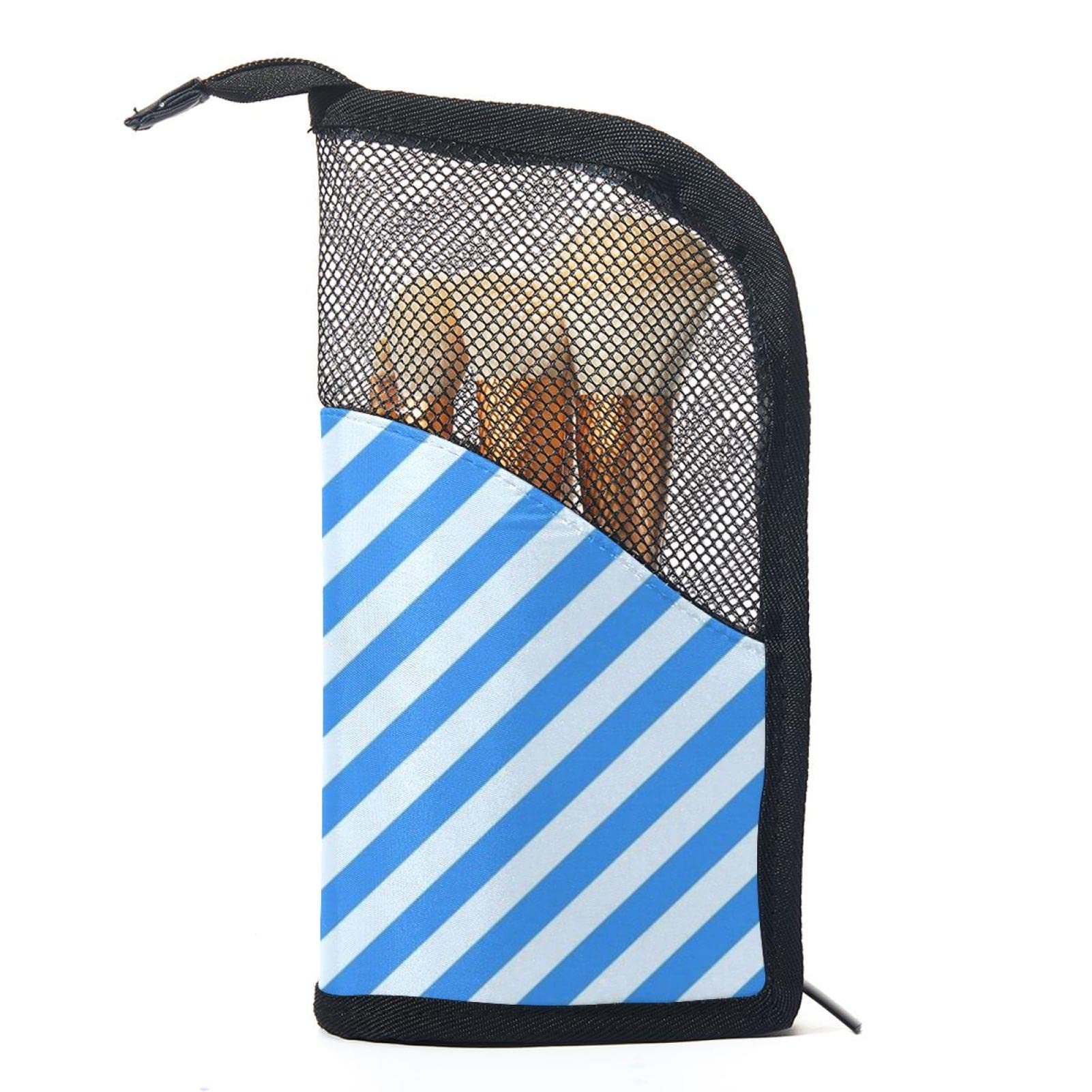 Premium Makeup Brush Organizer Bag with 12 Slots - Blue & White Stripe Travel Cosmetic Brush Holder Case - Perfect for Makeup Artists, Travel & Home Vanity Organization