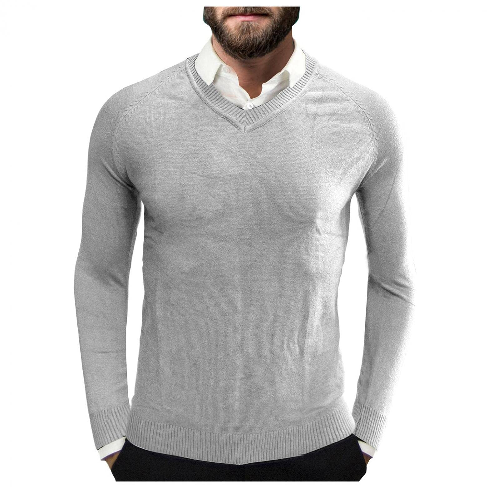 Men's Stretch Cotton V-Neck Thermal Sweater - Lightweight Slim Fit Soft Merino Wool Pullover for Work & Casual Wear | Winter Layering & Office Outfits