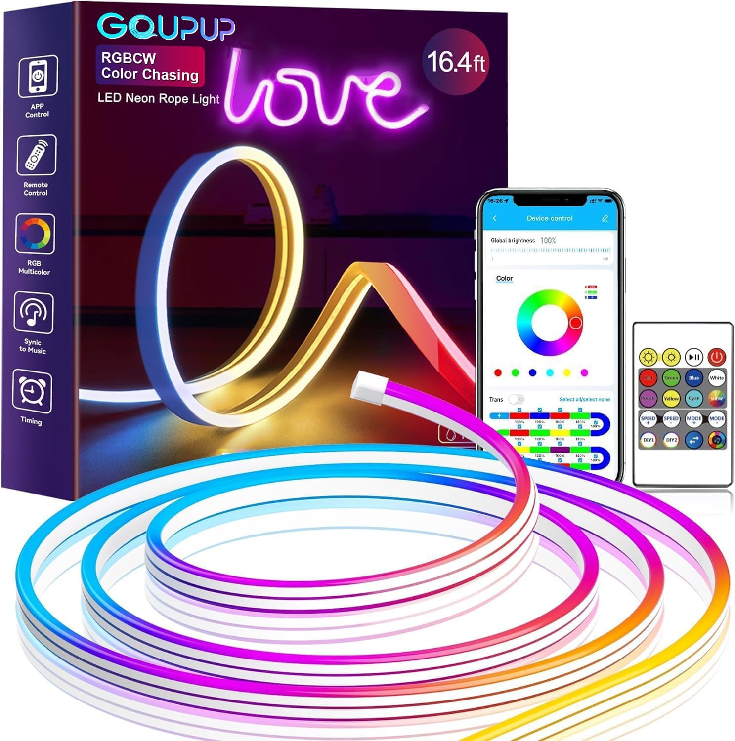 16.4Ft Neon Rope Lights - RGBIC Color Changing LED Strip with App Control, IP65 Waterproof, Music Sync for Wall Decor, Gaming Room & Bedroom Lighting | Perfect for Parties, Home Theater & Outdoor Use