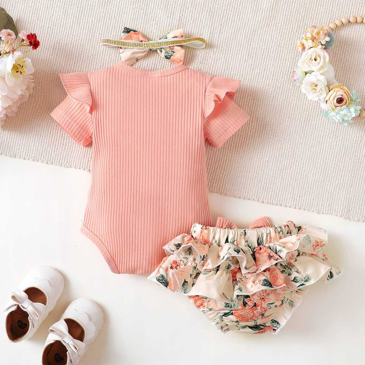 Adorable Baby Girl 3-Piece Outfit Set - Cute Matching Romper, Headband & Leggings | Perfect for Photoshoots, Birthday Parties & Daily Wear